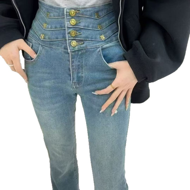 复古蓝微喇牛仔裤女秋季2025新款小个子高腰修身显瘦喇叭马蹄裤子|undefined