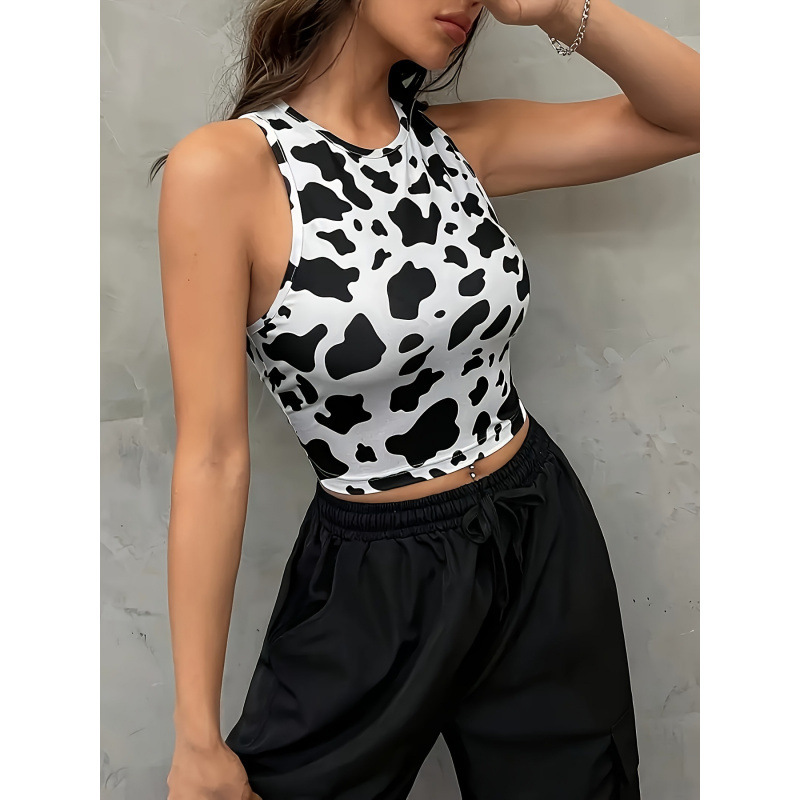 Women's Sleeveless Vest with Cow Texture Pattern 3D Digital Print Street Fashion Round Neck Casual Top Export Model Women's Sleeveless Vest with Cow Texture Pattern 3D Digital Print Street Fashion Round Neck Casual Top Export Model