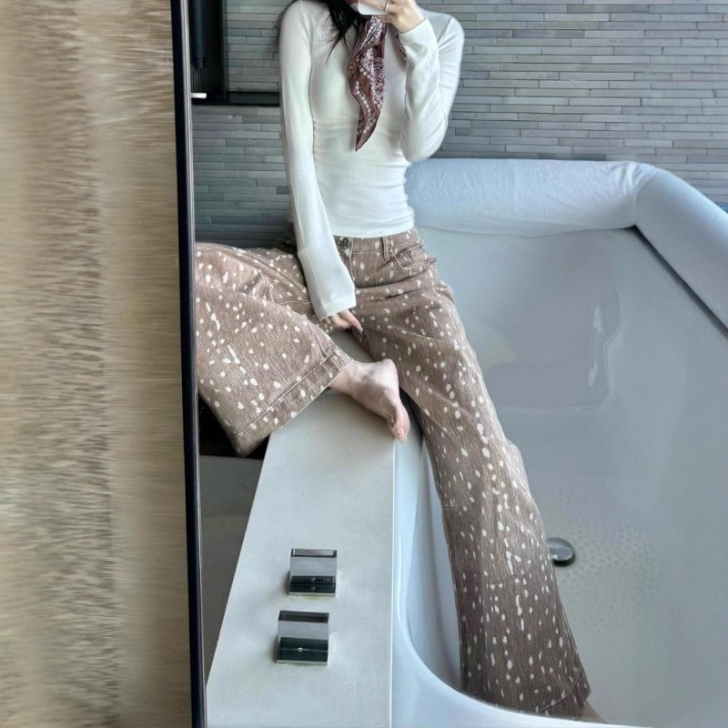 跨境美式复古梅花鹿印花牛仔裤子女辣妹bf慵懒风低腰显瘦拖地裤|undefined