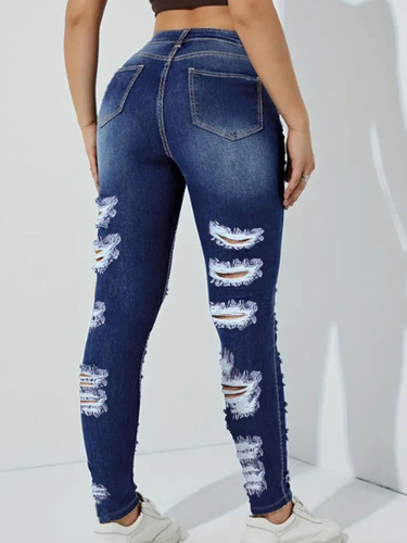 Spring and Autumn New Style Frayed Fashion Elastic Mini Foot Long Pants for Women High-Waist Slimming Print Denim