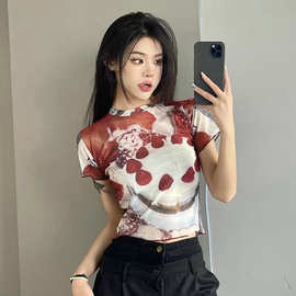 设计感印花圆领甜辣短袖T恤女夏季薄款修身个性短款微透网纱上衣