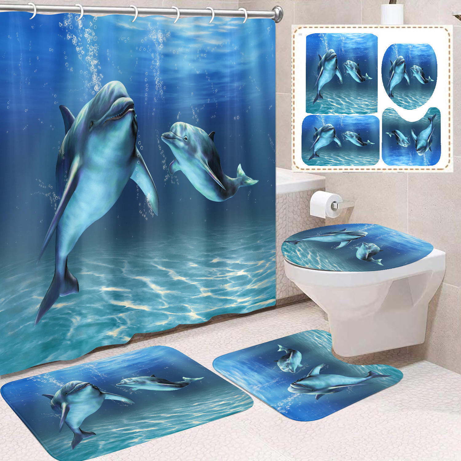 Cortina de ducha transfronteriza con diseño de delfines azules, estampada digitalmente, de poliéster, sin perforaciones, para baño, decoración del hogar image 36