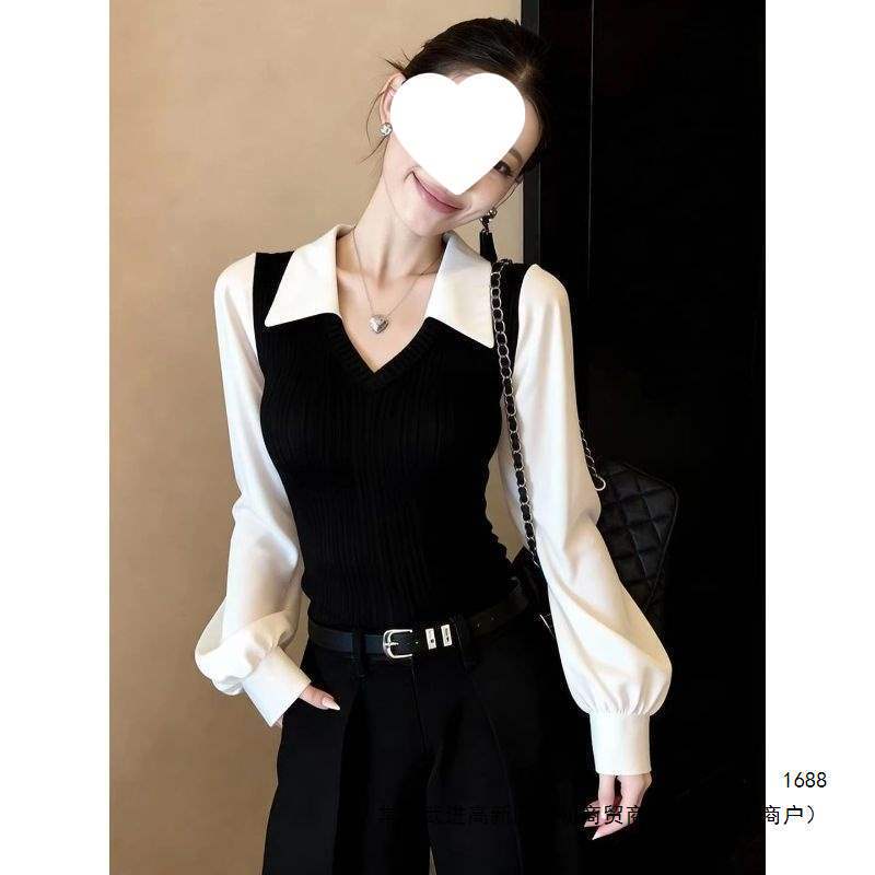 Black lantern sleeve, collared, patchwork, faux two-piece slim-fit women's shirt, 2026 spring French style, elegant old money style top