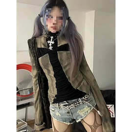 欧美高街十字架拼接长袖T恤女秋冬Y2K辣妹轻亚风修身显瘦高领上衣