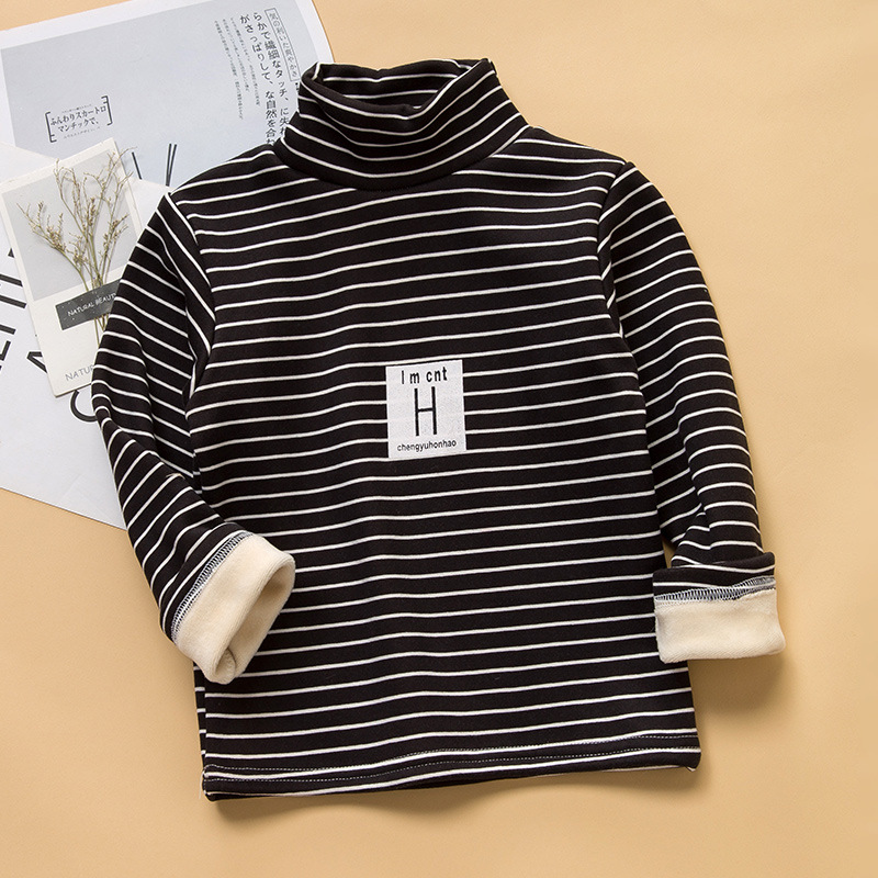 2025 camisa de fondo para niños, cuello medio alto más terciopelo, niños y niñas, rayas, manga larga, abrigo, ropa infantil coreana de moda de otoño e invierno