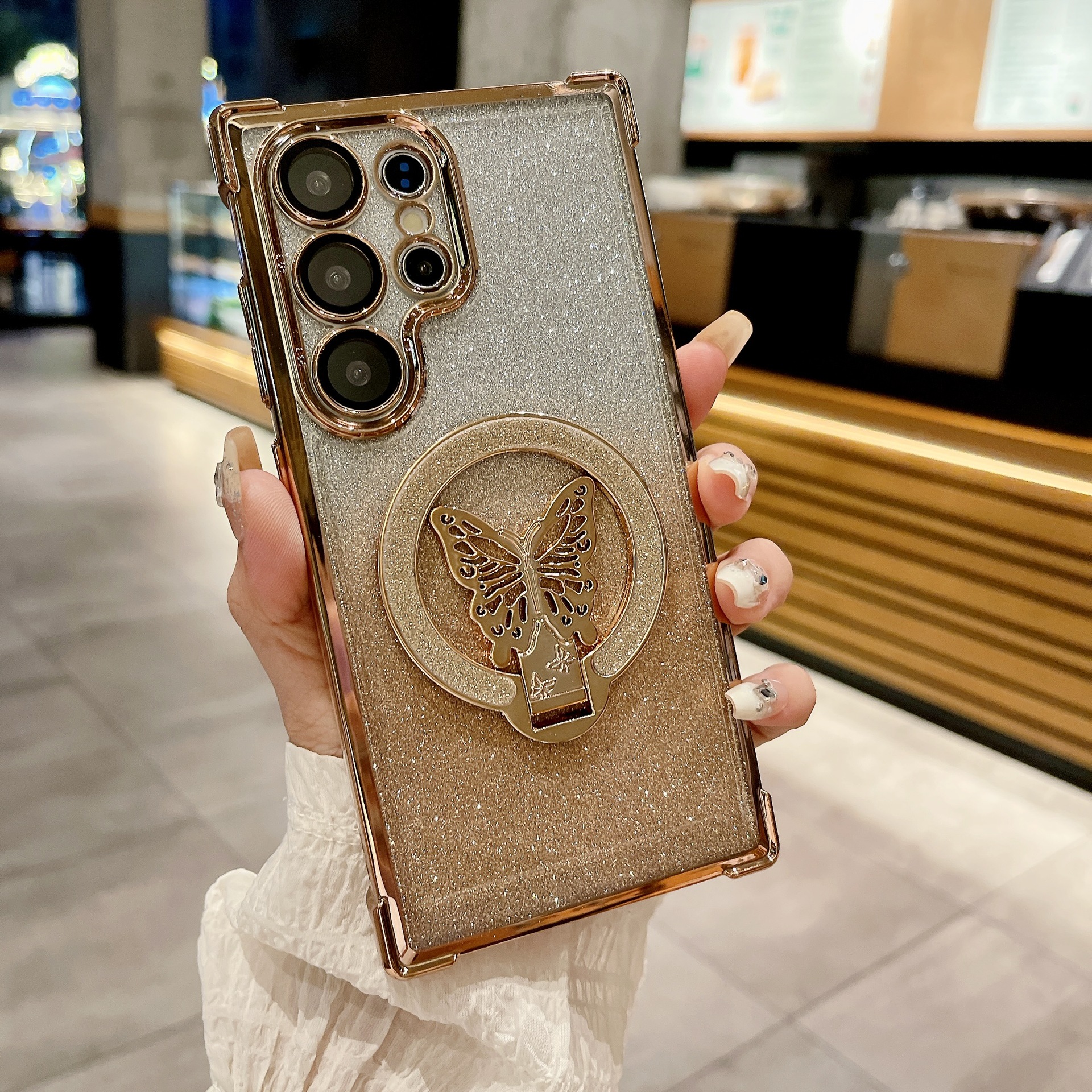 Funda Magnética con Soporte para Teléfono Samsung S25U con Diseño de Mariposa Brillante, Apta para S26P, con Airbag en las Cuatro Esquinas, Antigolpes, Protectora A07