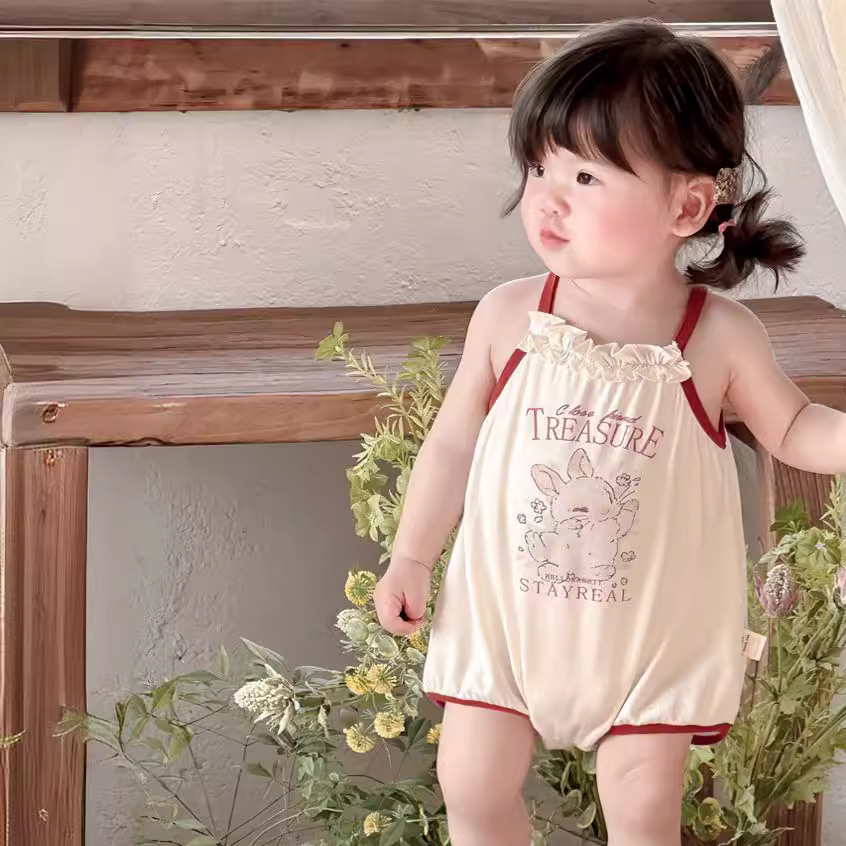 Ropa de bebé, tirantes, pedo, bebé de verano, mamelucos delgados súper extranjeros, cuello de encaje, conejito, una pieza