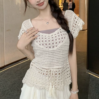 定制 夏季新款镂空洋气百搭短袖U领针织衫 女小众短上衣 JG235