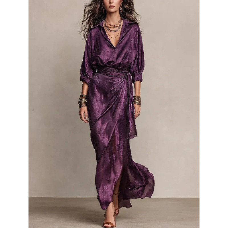 2026 European and American women's clothing Amazon ins dark purple satin shirt collar tie-waist wrap long-sleeve dress 2026 European and American women's clothing Amazon ins dark purple satin shirt collar tie-waist wrap long-sleeve dress