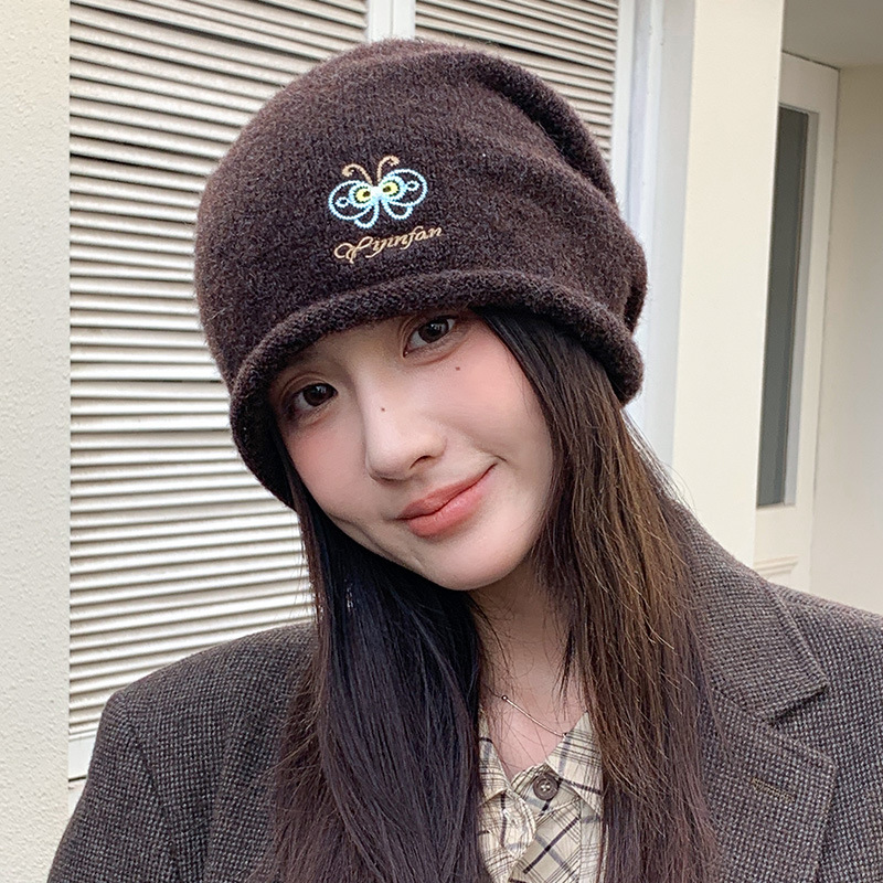秋冬新款蝴蝶刺绣冷帽韩版防风保暖帽子女百搭堆堆帽显脸小包头帽|undefined