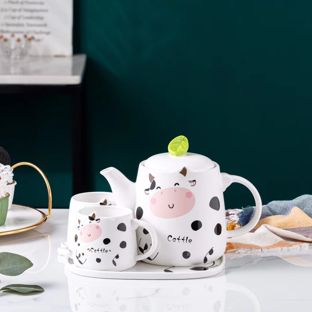 Juego de jarra de agua fría con diseño de vaca estilo caricatura y tazas, vajilla floral para té, tazas de cerámica para regalo, para bebidas frías.