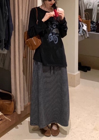 BRIVIN韩系深灰色条纹松紧腰半身裙女2025秋季气质显瘦慵懒风长裙|undefined