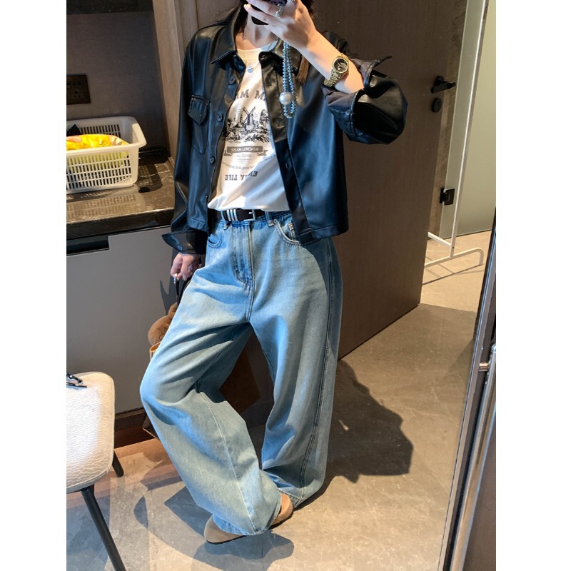 摩且 早秋新款 复古哑光PU皮单口袋翻领宽松短款皮衣外套 MQ0660|undefined
