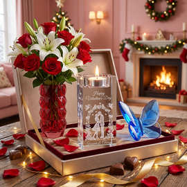 新款情人节礼品套装 跨境爆款 可个性化图案文字水晶花瓶水晶烛台