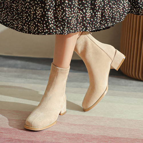 Women's thick-heeled short boots, low-heeled French nude boots, winter slim boots with back zipper, simple socks, socks boots, soft women's shoes