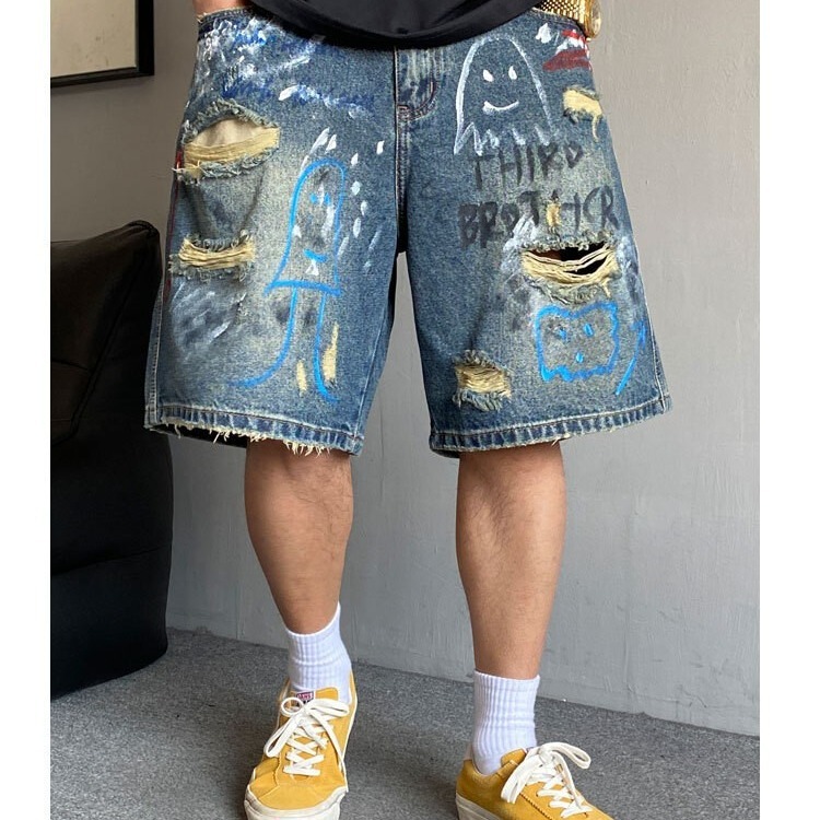American Trendy Hand-Painted Graffiti Printed Ripped Denim Shorts Men's Summer New Fashion Loose Five-Point Jeans