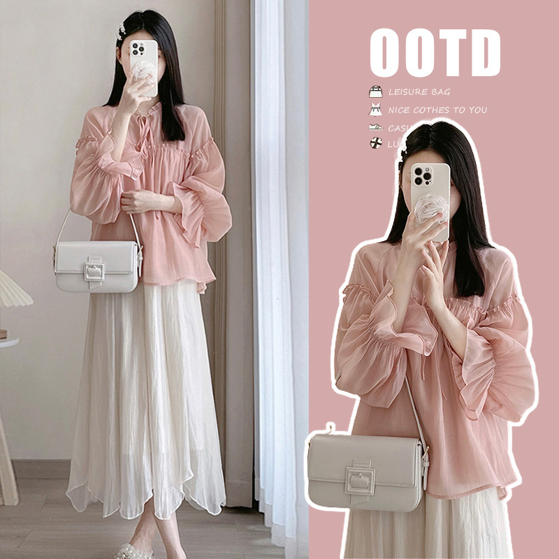 孕婦裝套裝2024夏季新款氣質泡泡袖襯衫半身連衣裙法式兩件套