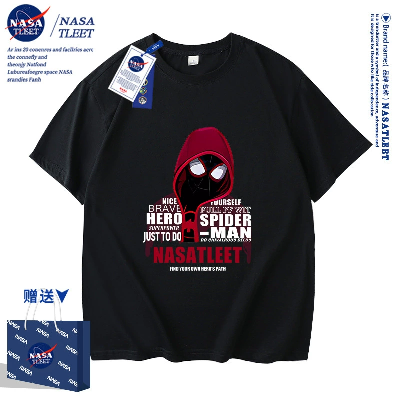 Сертифицированная NASA ко-бренд Spider-Man для мальчиков и девочек, футболка с коротким рукавом, Spider-Man, тренд Street, модная топ