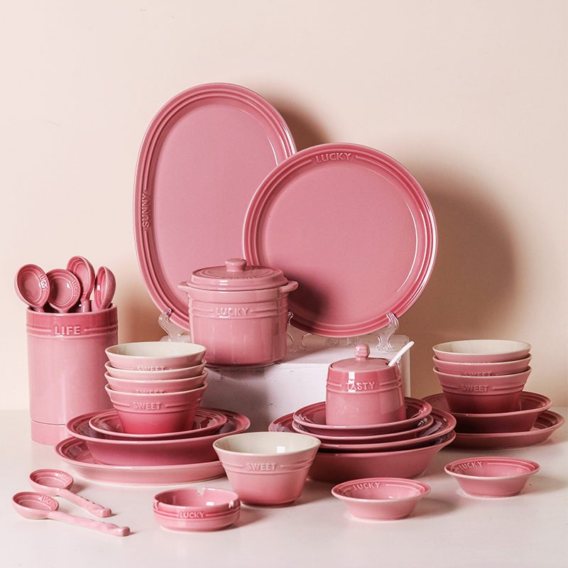 Dopamine Bowl and Dish suit Household Ceramic Rice Bowl and Dish Combination Stoneware Moka Pink High-value Housewarming Tableware