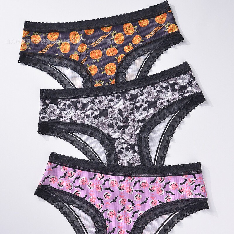 Foreign Trade Hot-Selling New Halloween-Themed Triangle Panties, Sexy Lace Low-Rise Women's Underwear Wholesale, Pure Cotton Crotch