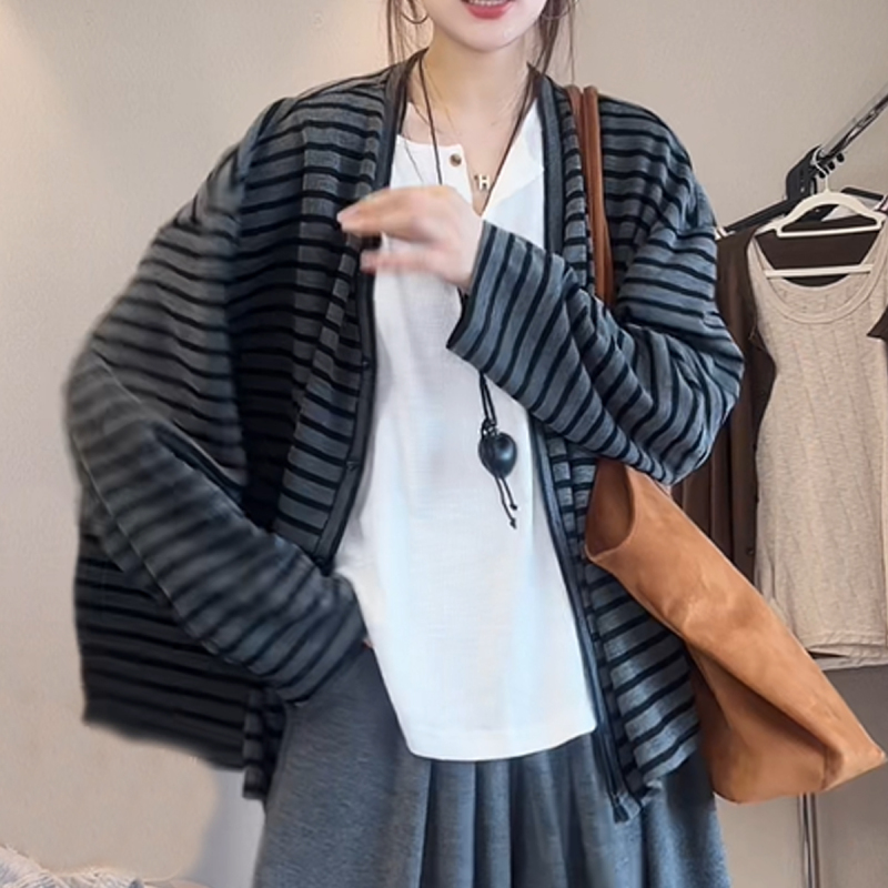 慵懒风撞色条纹气质宽松长袖外套女秋季大码胖MM显瘦百搭休闲上衣|undefined