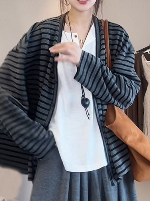 慵懒风撞色条纹气质宽松长袖外套女秋季大码胖MM显瘦百搭休闲上衣|undefined