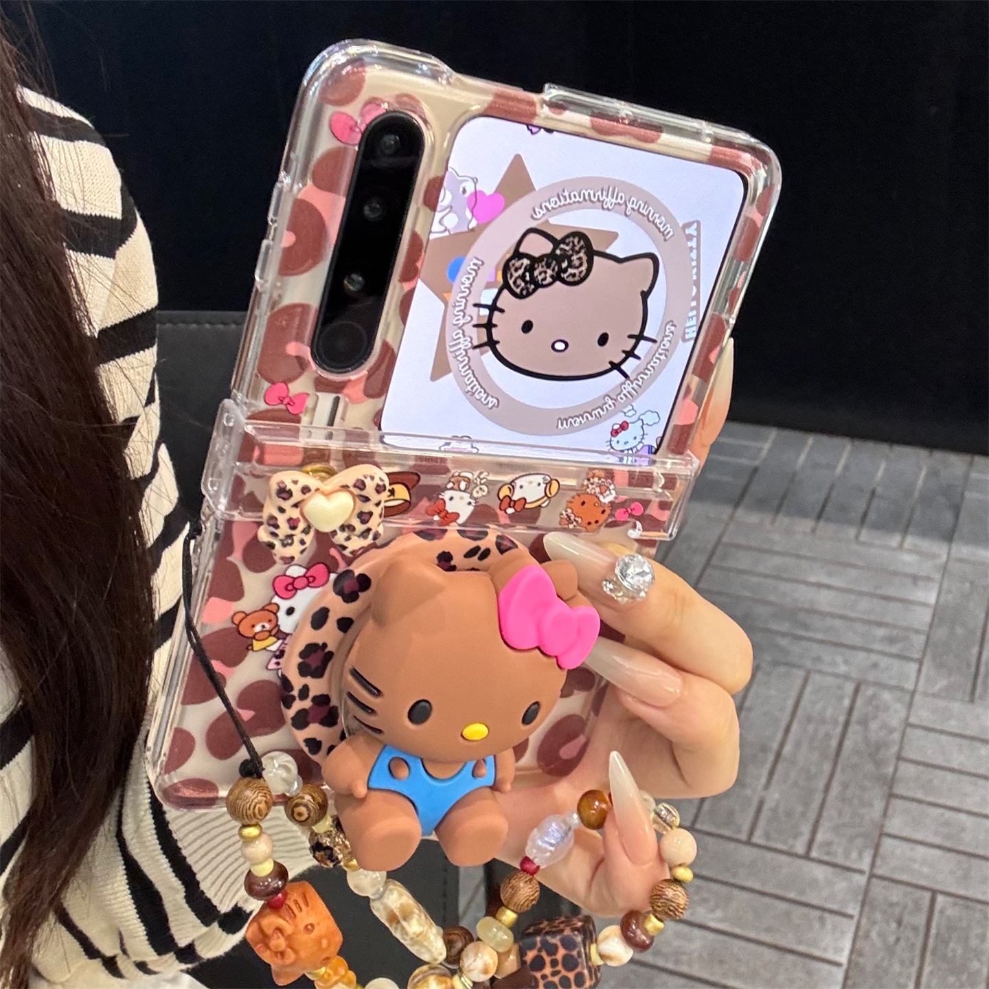 适用华为purax典藏版折叠屏手机壳pocket2甜酷豹纹mixflip2立体硅胶棕色kt猫磁吸支架三星zflip765中轴女