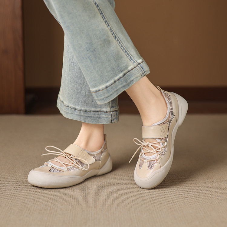 Giày sneaker nữ đế dày ren lưới phối màu cổ thấp — màu trắng ngà chi tiết 53