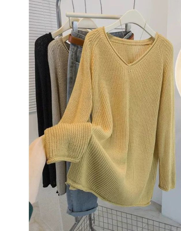 Korean Style Elegant Hollow Out Patchwork V-Neck Knitted Sweater Autumn Winter Solid Color Base Long Sleeve Top 150kg Plus Size