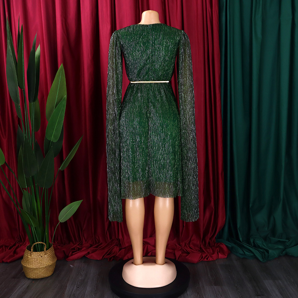 Abito da cocktail donna scollo a v maniche lunghe a mantella elegante_voghion.com