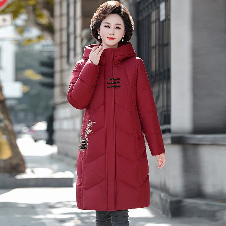 Модный средний и пожилой пуховик женский средний и длинный 2024 новый зимний мода мама белая утка пух теплое пальто