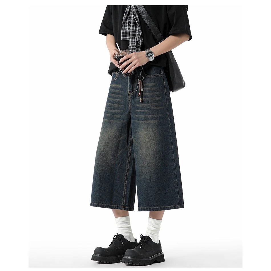 Camisas y ropa, estilo fino de verano americano, spot transfronterizo al por mayor, pantalones de mezclilla recortados holgados de pierna ancha lavados retro