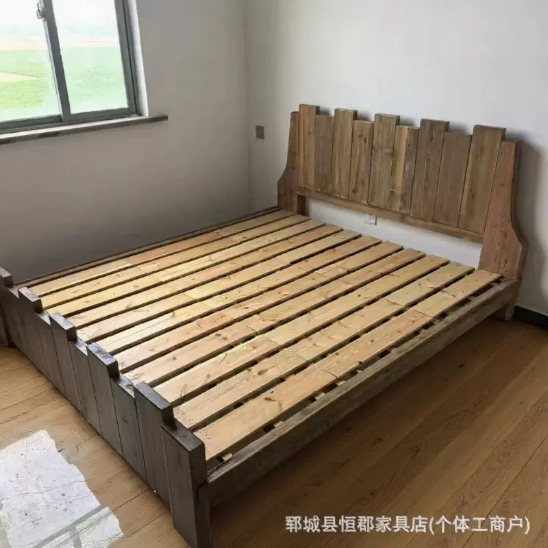 创意老榆木实木大床设计感拼花床头双人床新中式拔步床家用大床