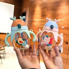 新款網紅杯子卡通鹿角水杯兒童塑料吸管杯便攜背帶寶寶喝奶學飲杯