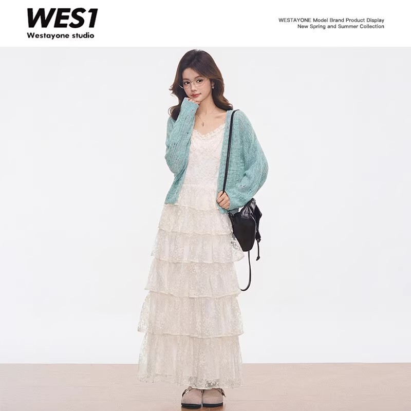 Westayone Same Style Mint Green Sweater Knitted Cardigan Shawl + Lace Cake Suspender Dress Women's New Style