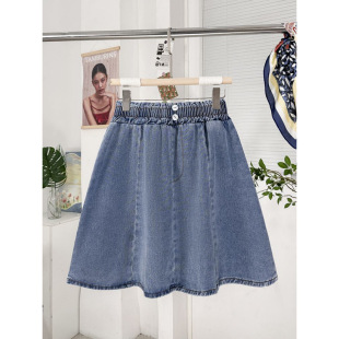 Plus-Size Denim Short Skirt for Women, High-Waisted A-Line Loose Slimming Student Summer Plus-Size Women's Clothing 100kg