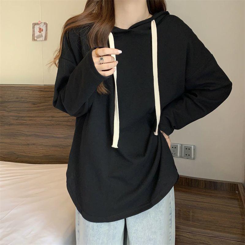 大码女装胖mm设计感连帽长袖t恤春秋韩版宽松显瘦打底衫上衣200斤|undefined