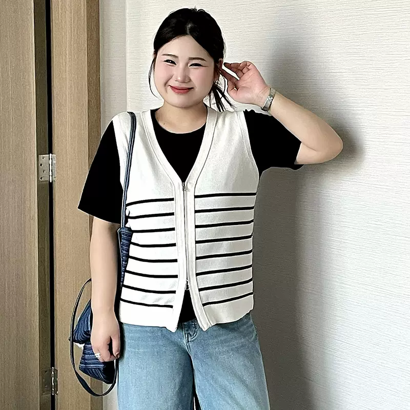 大码女装外搭v领无袖针织开衫女2026春胖mm百搭宽松条纹马甲23835