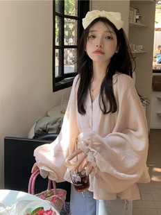 Real Shot of Large Size Pink Chiffon Shirt for Women 2024 Autumn New Style Small Shirt V Neck Flower Bud Long-Sleeved Lazy Top