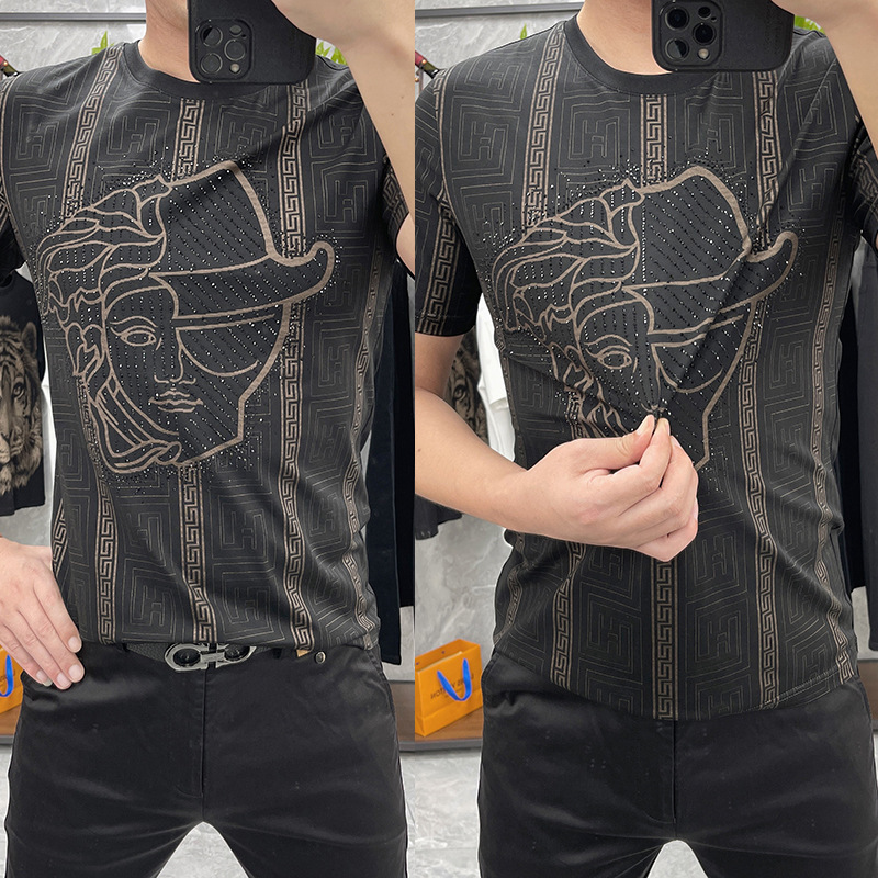 Trendy summer men's casual short sleeve bottoming shirt high quality printed rhinestone beauty head round neck half sleeve T