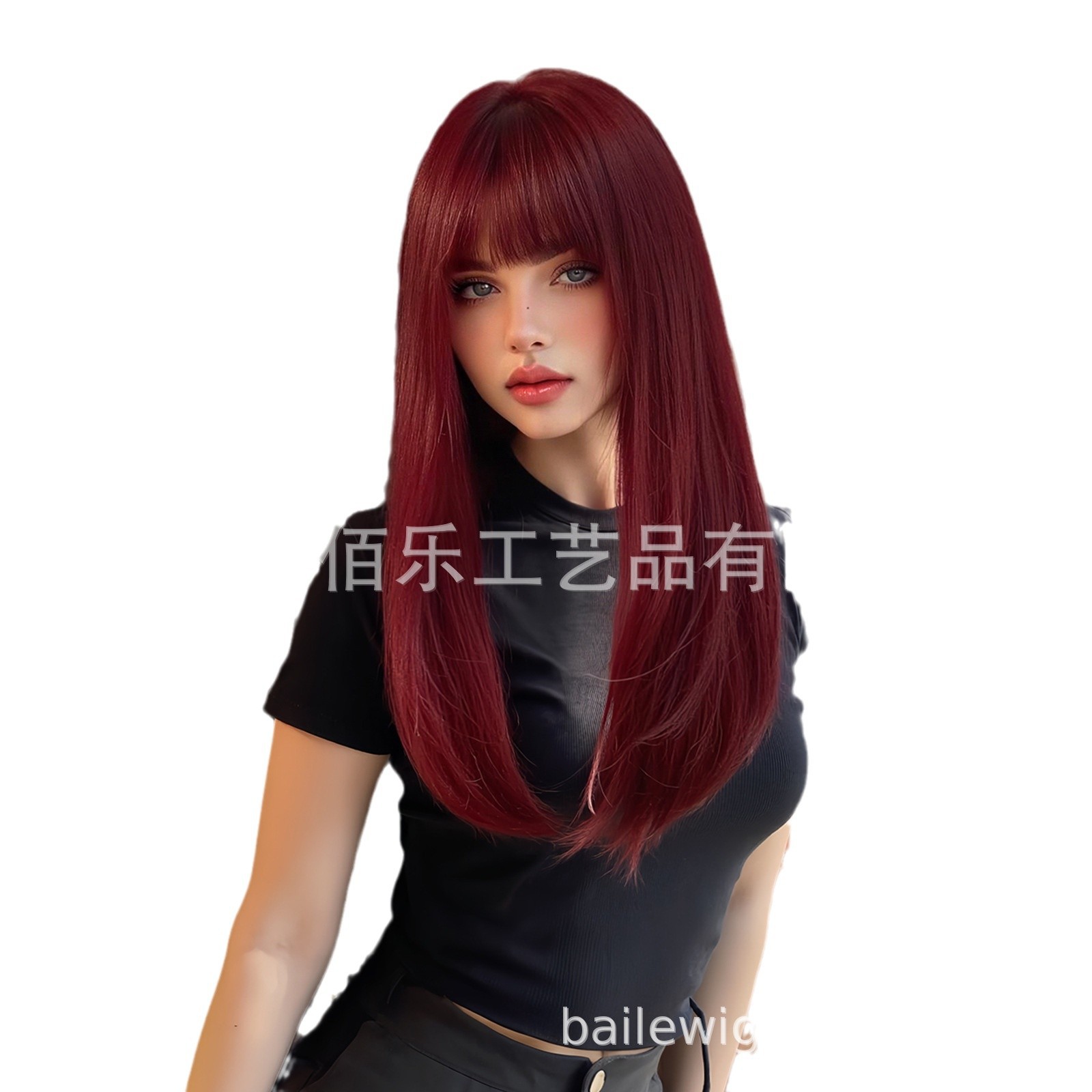Venta caliente transfronteriza Neptuno rojo Qi flequillo largo cabello liso peluca de fibra química de alta temperatura fabricante spot wigs al por mayor image 6