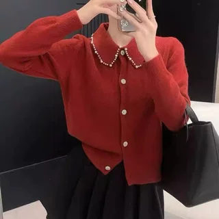 韩系新款秋冬翻领钉珠时尚针织开衫纯色洋气宽松百搭毛衣女外套潮