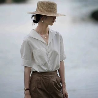 法式别致设计感小众上衣短袖v领白色衬衫女气质复古感衬衣夏