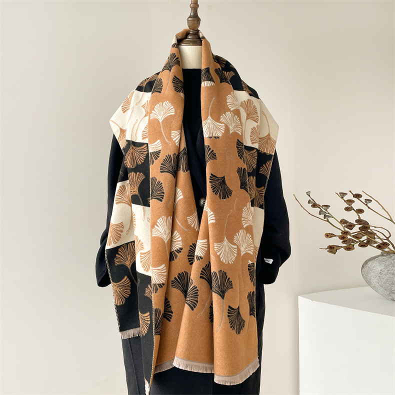 684g Weight Scarf Classification Outdoor, Daily Occasion Imitation cashmere Material Ginkgo Leaf Pattern Autumn&Winter Season Women's Gender Japanese Style, Sweet Style Women's Japanese Style Sweet Ginkgo Leaf Imitation Cashmere Scarf 14