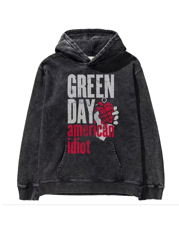 2026 New Green Day Punk Style American Retro Washed and Distressed Hooded Sweatshirt