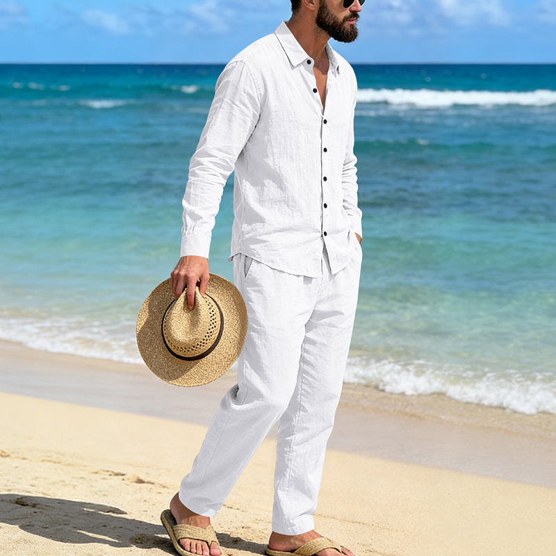 Set camicia in lino da uomo maniche lunghe completo casual mare_voghion.com