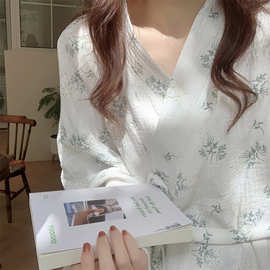 实拍2026春季新款睡袍女棉纱碎花浴袍长款和服ins宽松睡衣家居服
