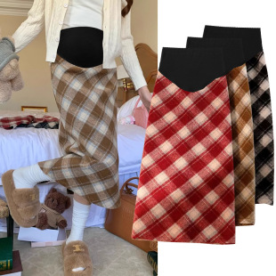 Tmall Quality Pregnant Women 2025 Spring & Fall Retro Versatile Red Plaid Woolen A-Line Foreign Style Belly Support Half Body One Step Long