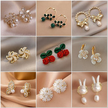銀針珍珠耳環韓國氣質高級感花朵耳釘高質量珍珠蝴蝶耳飾批發女