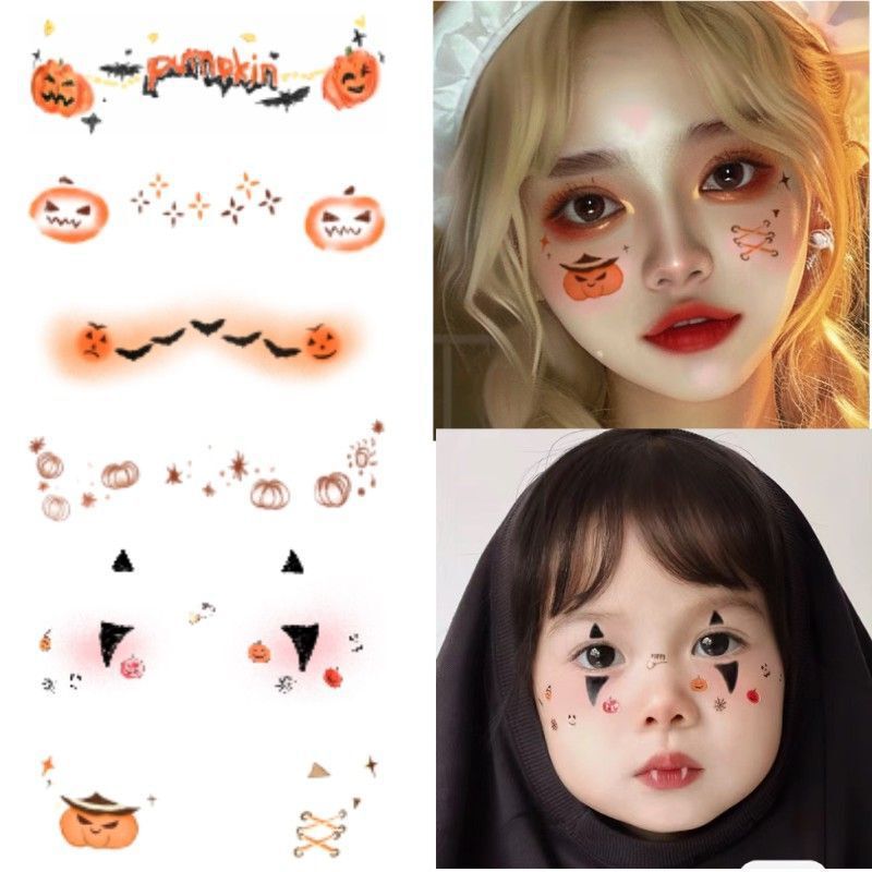 ハロウィーンの小さなクモのメイクのタトゥーはカボチャの愛の頬紅のメイクの顔に顔を飾って傷のフラッシュを貼った|undefined
